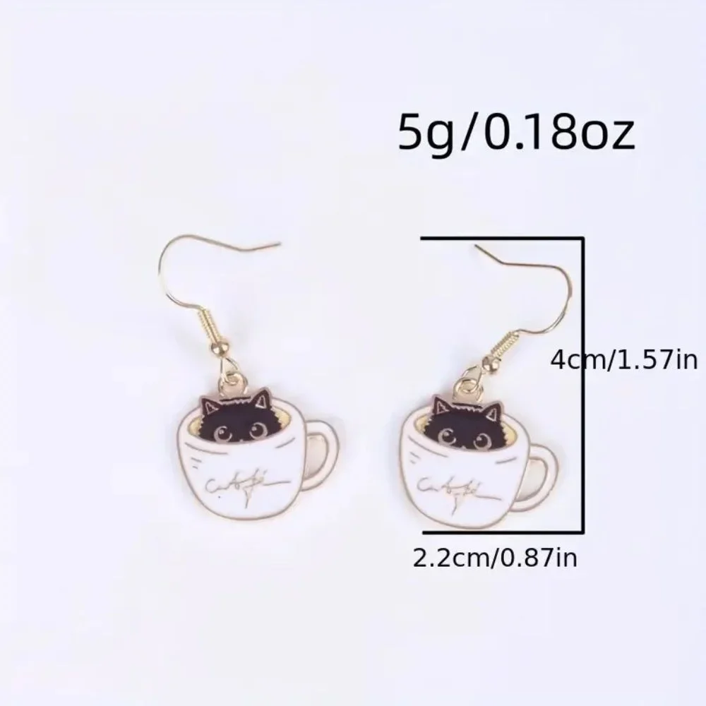 Cat Coffee Cup Dangle Earrings White Black 1.57 Inch Drop Pierced Ears New